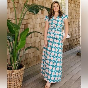 Beau & Ro XS Block Print Flower Pattern Maxi Dress - Excellent Condition